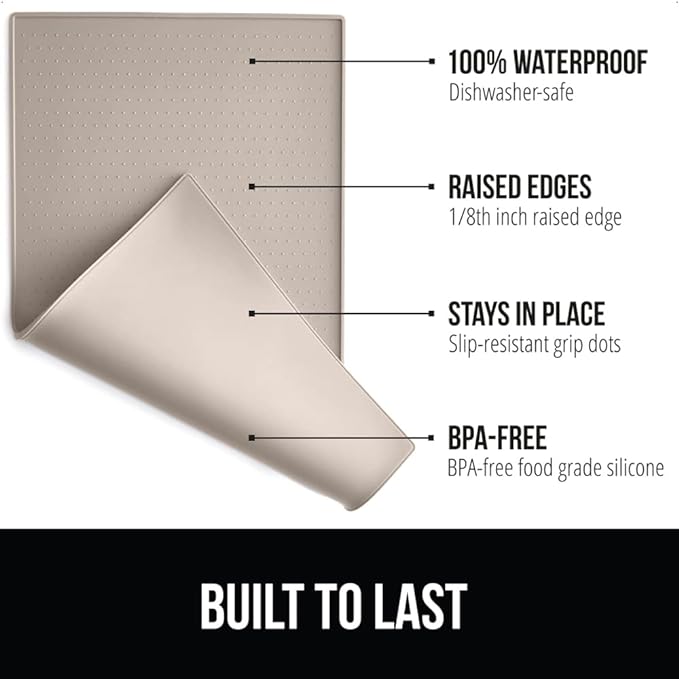 GORILLA GRIP 100% Waterproof Raised Edge BPA Free Silicone Pet Feeding Mat, Dog Cat Food Mats Contain Spills Protects Floors, Placemats for Cats and Dogs Water Bowl, Pets Accessories 28x18 Beige