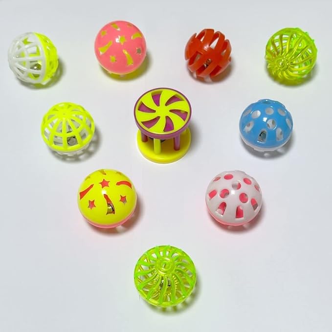 Cat Jingle Balls Toys 10Pcs 6 Styles for Indoor Cats - Plastic Lattice Cat Balls with Bells Kitten Rattle Toy, Gift Box and 1.5"