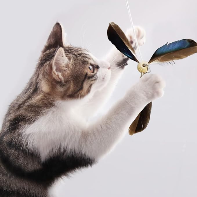 6pcs Cat Wand Attachment, Spining Propeller Cat Toys, Cat Propeller Toy with Bell, Replacement Artificial Feather, Indoor Cat Toy, Cat Interactive Toy(Brown)