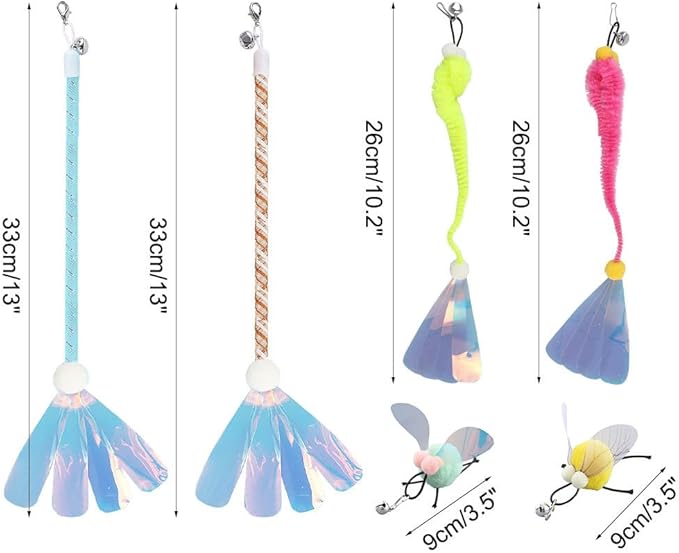 MiOYOOW Cat Wand Toy Refills, 6PCS Sequins Cat Insect Toy Interactive Cat Wand Replacement with Bells for Indoor Cats Kittens