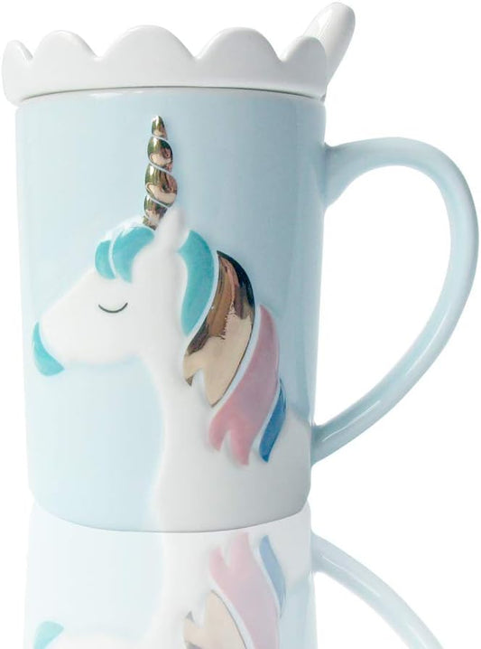 BigNoseDeer Unicorn Mug Cute Ceramic Coffee Mug with Lid Spoon,Cute Mugs for Coffee Tea Milk Unicorn Gifts for Girls Cute Gifts for Women (Blue 13oz)