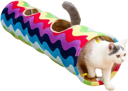 LUCKITTY Cat Tunnel -Straight-Shaped, Rainbow Wave Color, Soft Velvet Exterior, Oxford Fabric Fog-Proof Interior, Plush Toy Ball, Easily Washable, Conveniently Foldable, 47.2in/120cm
