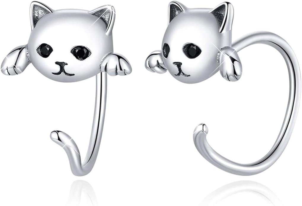 BISAER 925 Sterling Silver Half Huggie Hoop Earrings Cute Cat Dog Panda Animal Earrings for Women Jewelry Gifts