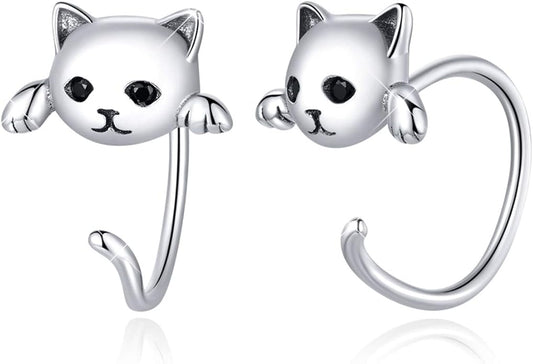 BISAER 925 Sterling Silver Half Huggie Hoop Earrings Cute Cat Dog Panda Animal Earrings for Women Jewelry Gifts