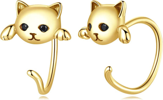 BISAER 925 Sterling Silver Half Huggie Hoop Earrings Cute Cat Dog Panda Animal Earrings for Women Jewelry Gifts