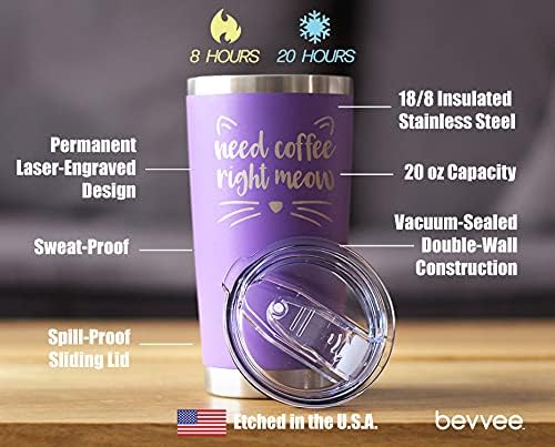 Bevvee Need Coffee Right Meow - Insulated Tumbler Cup with Sliding Lid - Stainless Steel Mug - Cat Themed Coffee Gift - Purple