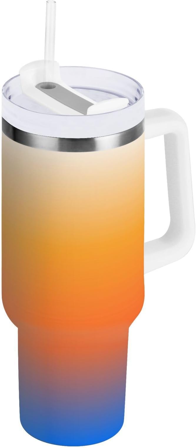 Boccsty Color Gradient Orange Blue Insulated Tumblers Reusable Stainless Steel Tumbler 40 oz Cup Coffee Travel Mug Water Bottle with Handle & Flip Straw for Home Office Car