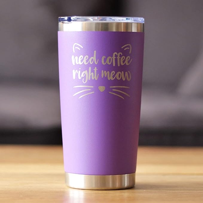 Bevvee Need Coffee Right Meow - Insulated Tumbler Cup with Sliding Lid - Stainless Steel Mug - Cat Themed Coffee Gift - Purple