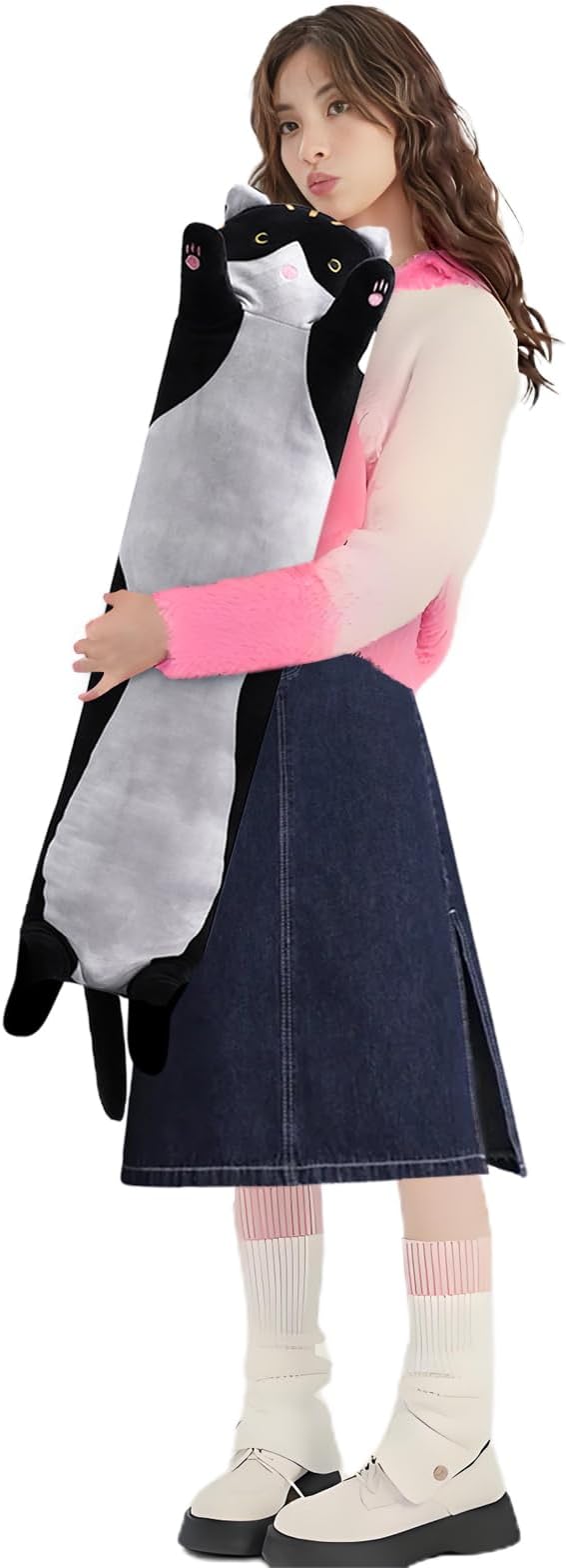 shangman Lovely Plush Cat Doll Cute Cartoon Soft Stuffed Kitten Pillow Long Throw Sleeping Pillow Doll Toy Valentines Day Gift for Kids Girlfriend (Black, 90cm/35.4in)