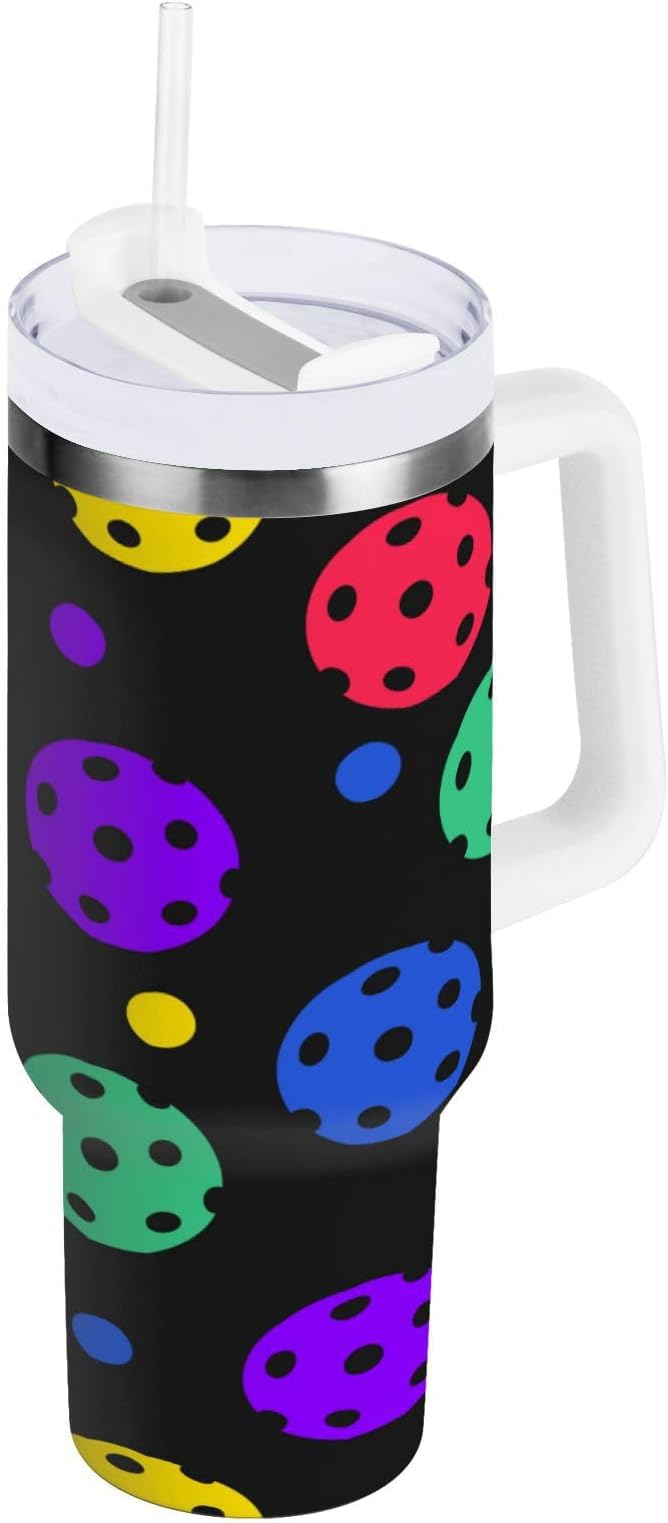 Boccsty Rainbow Pickleball Balls Insulated Tumblers Reusable Stainless Steel Tumbler 40 oz Cup Coffee Travel Mug Water Bottle with Handle & Flip Straw for Home Office Car