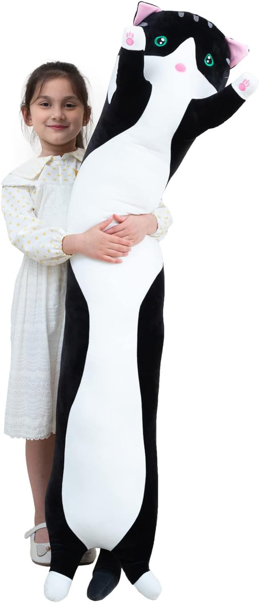 Giant Cat Pillow Plush Cartoon Kitty Sleeping Hugging Pillow, Cuddly Soft Long Kitten Body Pillow Doll Cat Cushion Toy for Kids Girlfriend (Black, 70cm/ 27.55inch)