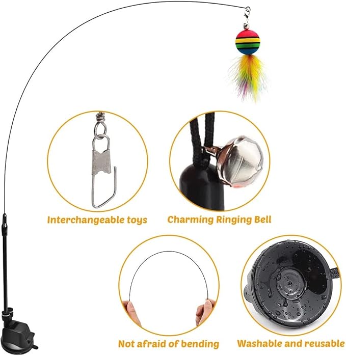 MiOYOOW Cat Feather Toy, Interactive Cat Teaser Feather Cat Toy Set with Dual Ended Suction Cup/ 4 Feather Refills for Indoor Cats Kittens