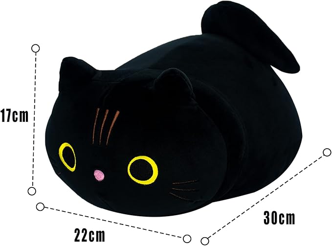 Black Cat Plush Pillow, Cat Stuffed Animal Plushies Lumbar Back Cushion, Cute Round Eyes Kitten Plush Doll Toy for Kids Home Decor Gift Boys Girls Birthday Valentines Christmas (13.8inch)