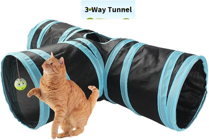LEESENEVO Cat Tunnel,3 Way Tubes Built-in Crinkle Ringing Paper,Collapsible pet Tunnels for Indoor/Outdoor- Toy for Cats,Rabbits-Jewel Blue