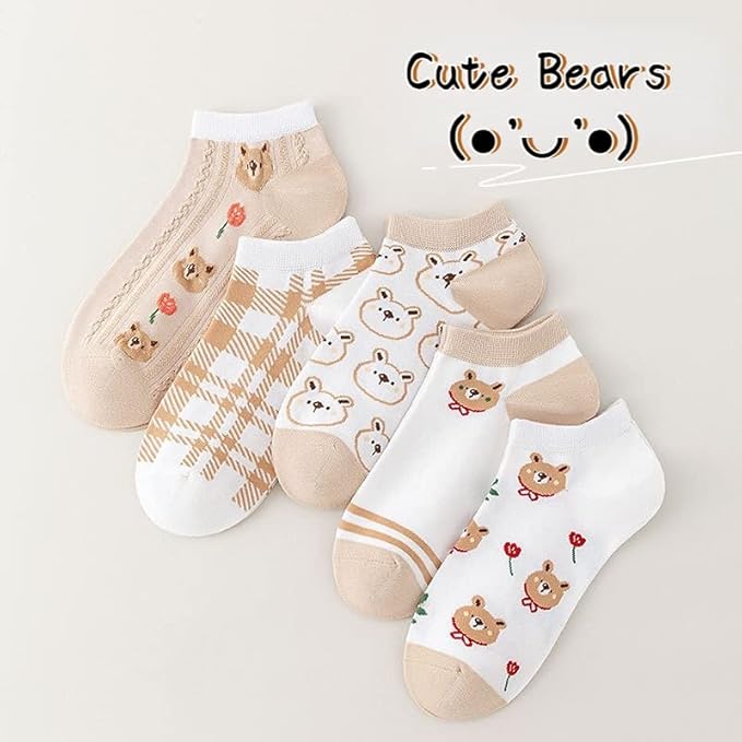 5/10 Pairs Combed Cotton Socks for Women with Cute Animals/Flowers Patterned Ankle Socks