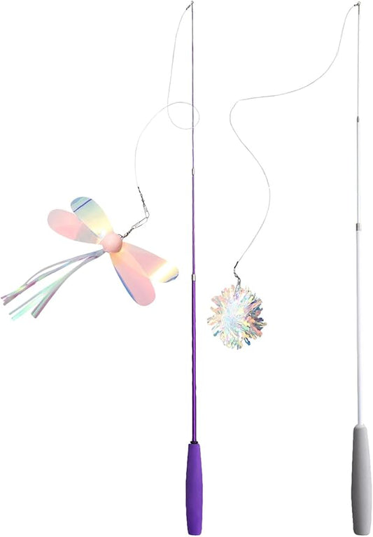 QWINEE 2Pc Dragonfly Cat Teaser Wand Toys Interactive Cat Toy for Indoor Cats Kitty Kitten Multicolor B one-size