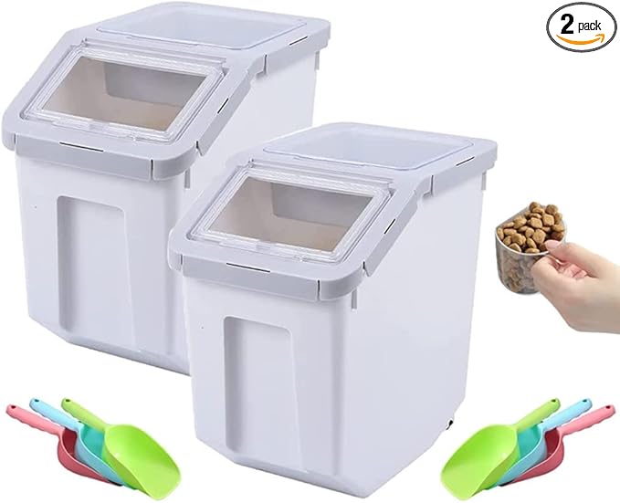 YXQ 2Pcs Dog Food Storage Container Airtight Box Grey,10kg Bulk Dry Food Grain Storage Barrels Sealed Bucket,Pets Food Bin with Seal Locking Lid, Wheels,Measuring Cup,1pcs Scoops(Random Color)