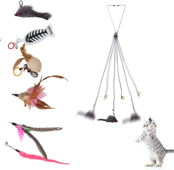 Hanging Interactive Cat Toy with 6 Piece Replaceable Toys Bouncing Mouse Catnip Feathers Fun for Kitten Self Play Adjustable Elastic Rope