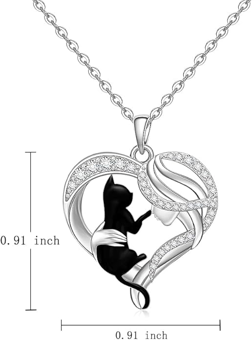 Black Cat Necklace for Women 925 Sterling Silver Cat Necklace Heart Cat Necklaces Pendant Halloween Christmas Gifts
