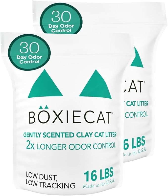 Boxie® Gently Scented 30 Day Natural Odor Control Cat Litter, 32lbs Total Clumping Clay Kitty Litter (2 Pack of 16lb Bags)