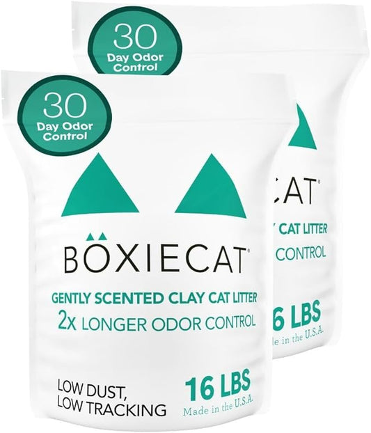 Boxie® Gently Scented 30 Day Natural Odor Control Cat Litter, 32lbs Total Clumping Clay Kitty Litter (2 Pack of 16lb Bags)