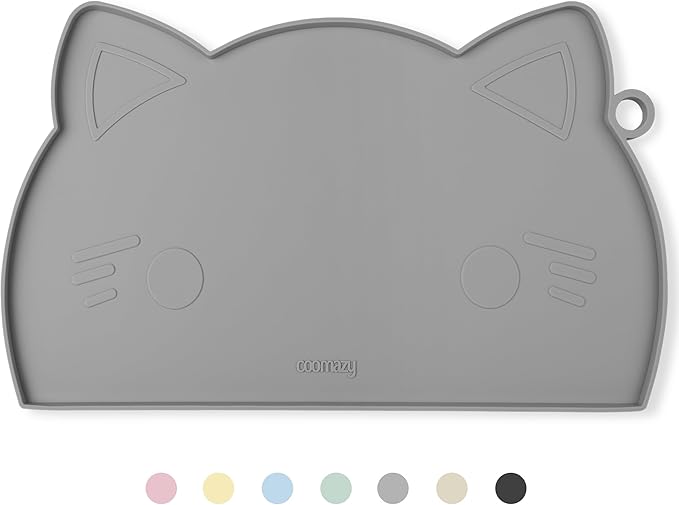 Coomazy Thicker Non-Slip Silicone Dog Mat with Raised Edge - Waterproof, Prevents Food Spills and Water Runoff (Gray, Medium)