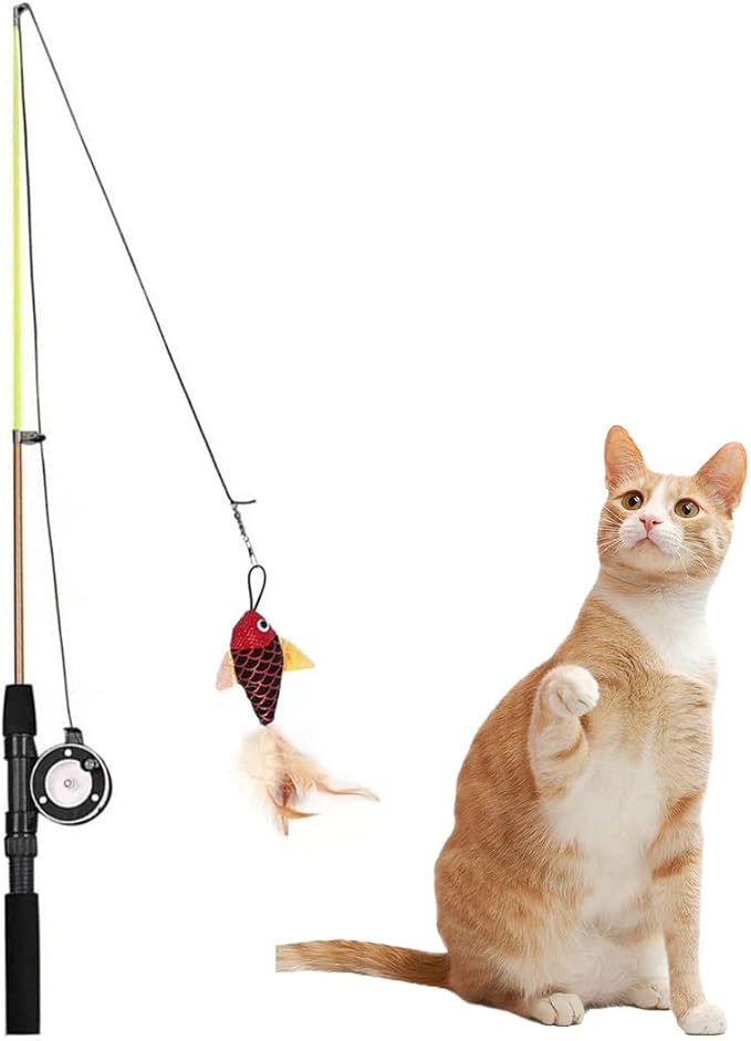 Cat Fishing Pole Toy, Interactive Cat Teaser Wand, Retractable Fishing Pole Cat Toy with Reel, Cat Pole for Indoor Cats, Cat Fishing Rod Catcher for Kitty Kitten Cat Feather Toy Mouse