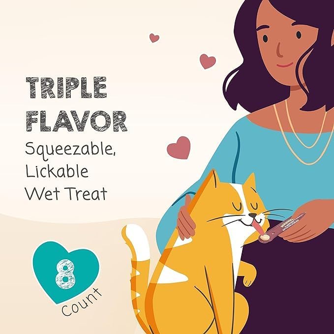 Savory Spoonables with Real Salmon, Tuna & Krill, 8 Count Tube, Triple Flavor Squeezable Lickable Wet Treats for Cats with Built-in Spoon for Less Mess