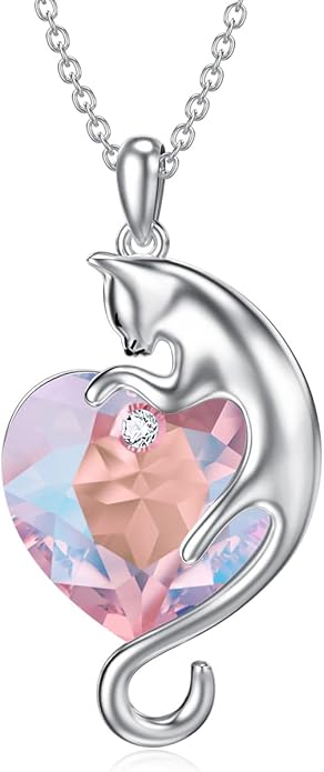 AOBOCO Valentine Cat Necklace for Women 925 Sterling Silver Cat Pendant Necklace Embellished with Crystals from Austria Jewelry Gifts for Cat Lovers