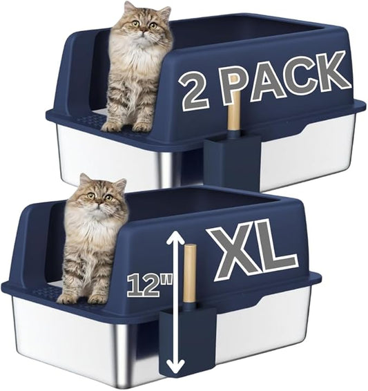 2 Pack - Stainless Steel X-Large Semi-Enclosed Litter Box kit for Multiple Cats, Matching Scooper and Holder Included, High-Sided, Easy to Clean (Navy Blue)