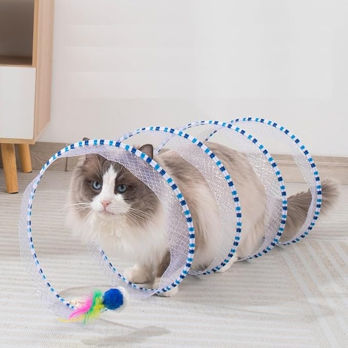 Cat Tunnel Spring Toy Cat Tunnel for Indoor Cats Folded Cat Tunnel Spring S-Shape Pet Entertainment Toy for Puppy, Kitty, Kitten, Rabbit (1Pack Blue)