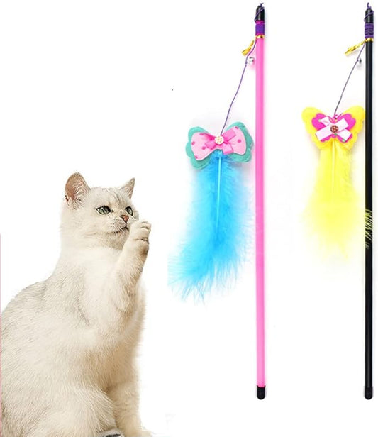 Cat Wand Toy 2 PCS Interactive Cat Feather Wands Cat Teaser Wand with Butterfly and Bell for Cat Kitten