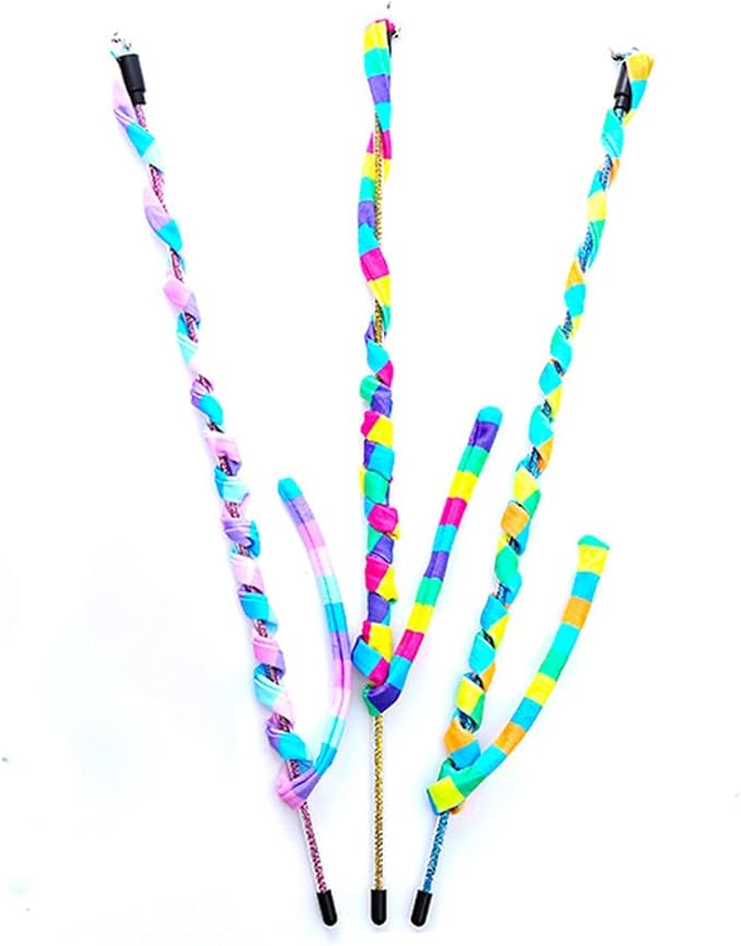 Cat Wand Toys, 3 PCS Flexible Cat String Toy with Bell Rainbow Cat Ribbon Toy Interactive Cat Toys for Indoor Cats Kittens