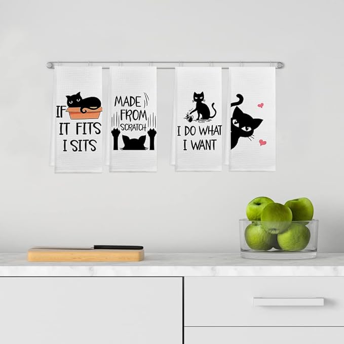 Black Cat Kitchen Towels 16x24 Set of 4, Cat Towels for Cat Lovers, Cat Hand Towels, Cat Dish Towels, Cat Lover Gifts for Women, Gifts for Cat Lovers, Cat Mom Gifts, Cat Owner Gifts