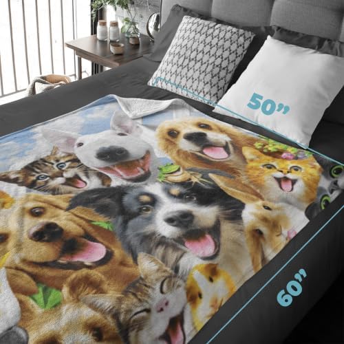 Dawhud Direct 50x60-Inch Backyard Pals Dogs and Cats Blanket - Soft Plush Animal Print Blanket for Adults and Kids - Soft and Cozy for Bed, Couch, or Travel - Thoughtful Gift for Animal Lovers