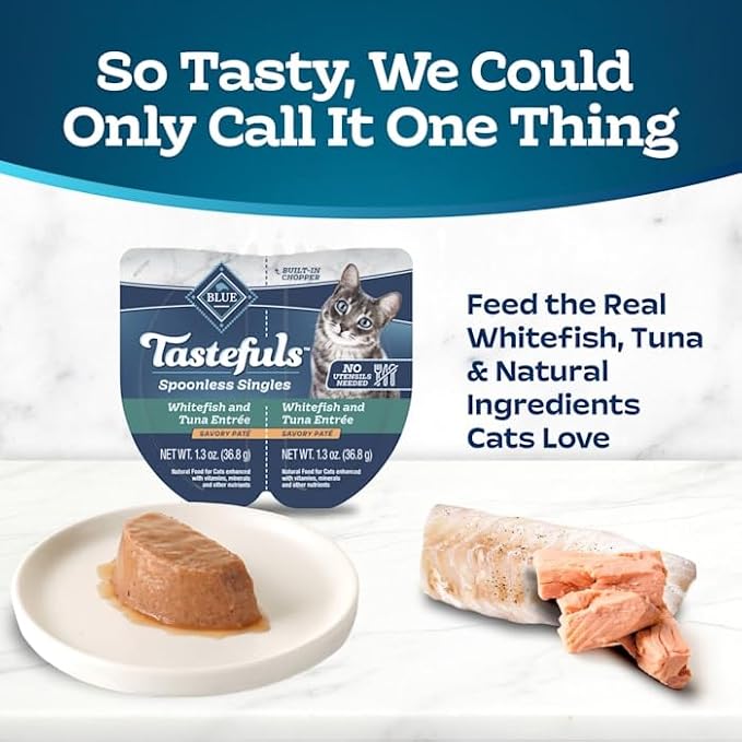 Blue Buffalo Blue Tastefuls Spoonless Singles Whitefish and Tuna Entree Adult Pate Wet Cat Food, 2.6 oz., Case of 10