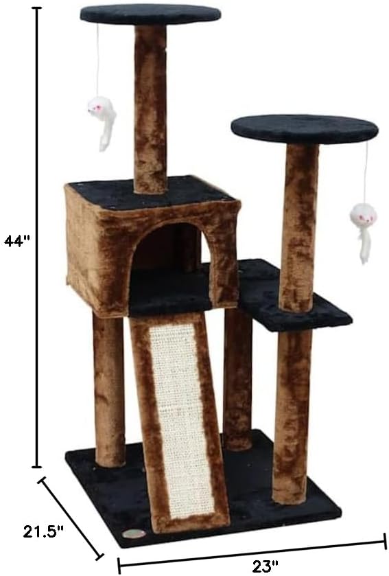 Go Pet Club Everyday Value 44in Corner Cat Tree Kitty Scratcher Tower Kitten Condo House Furniture with Scratching Board & Hanging Toys for Indoor Cats, Brown/Black