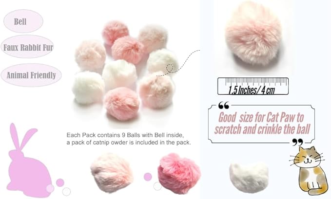 Cat Toys Furry Ball with Bell for Cats Kitty Rabbit Tails (Pink (with Bell))