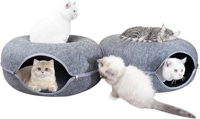 Cat Tunnel Bed, 2-in-1 Cat Donut Tunnel Bed for Indoor Cats Scratch Resistance & Washable & Detachable Round Felt Cat Cave Bed All Seasons (24 Inch, Dark Grey)