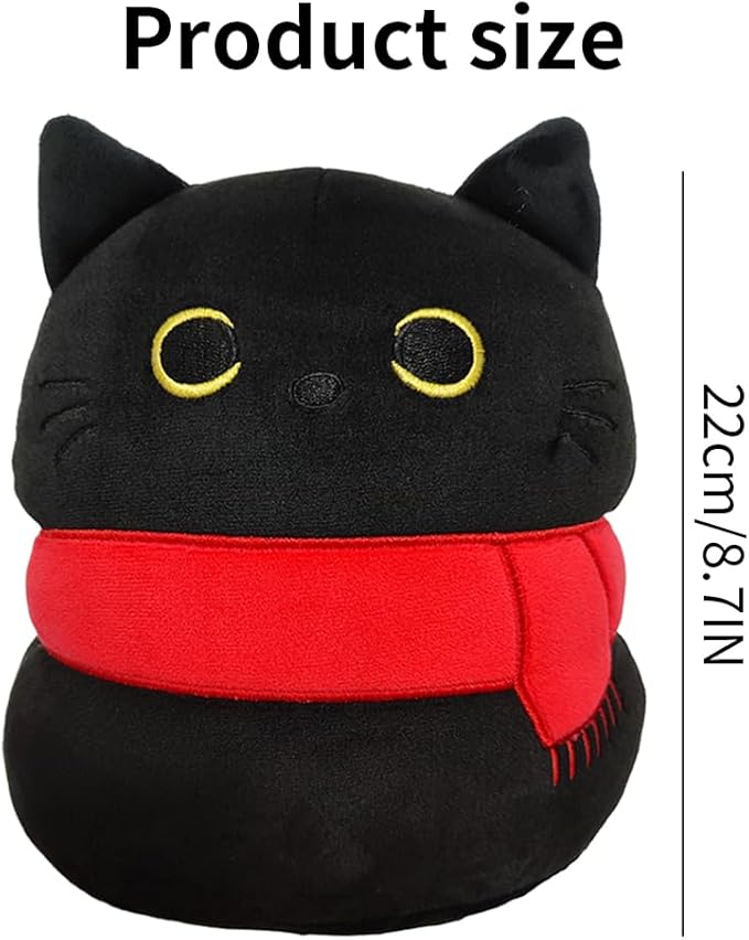 Black Cat with Scarf Stuffed Animal Plush Toy Creative Cat Shape Soft Pillow Toys Gifts Cute Dolls for Girlfriend Kids Baby Girls, 22cm/8.6in