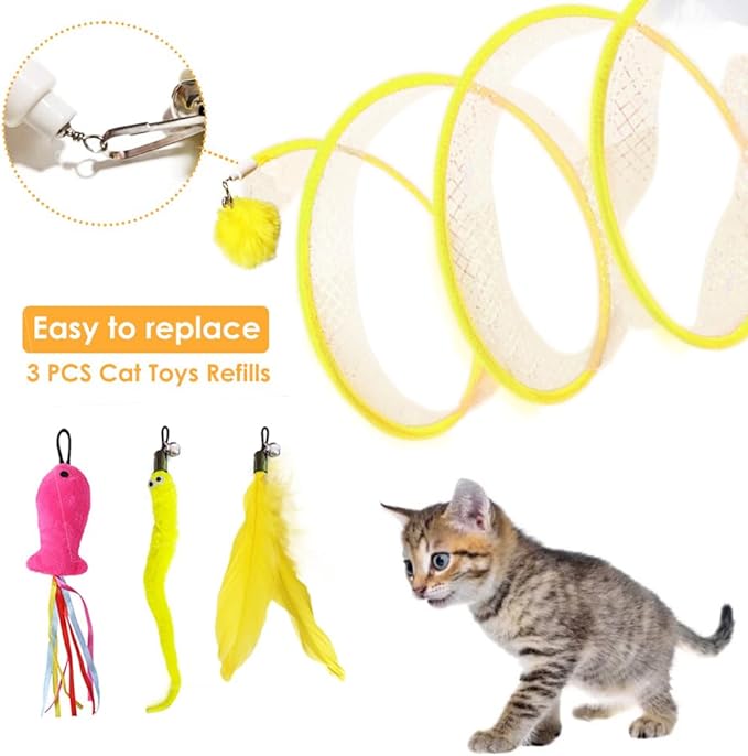 Cat Spiral Tunnel Toy Collapsible, Self Play Toy for Indoor Cats, S Type Tunnel with Feather Toys, Interactive Cat Springs Toys, Puppy, Kitty, Kitten, Rabbit (Yellow)