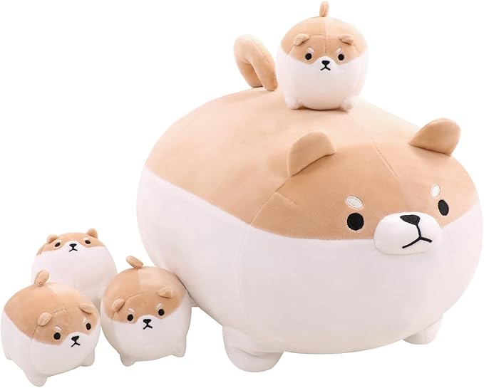 Shiba Inu Plush Kawaii Corgi Stuffed Animals with 4 Baby Corgi Plushies in Her Tummy, Soft Cotton Dog Plush Animal Pillow Gifts for Kids Boys and Girls