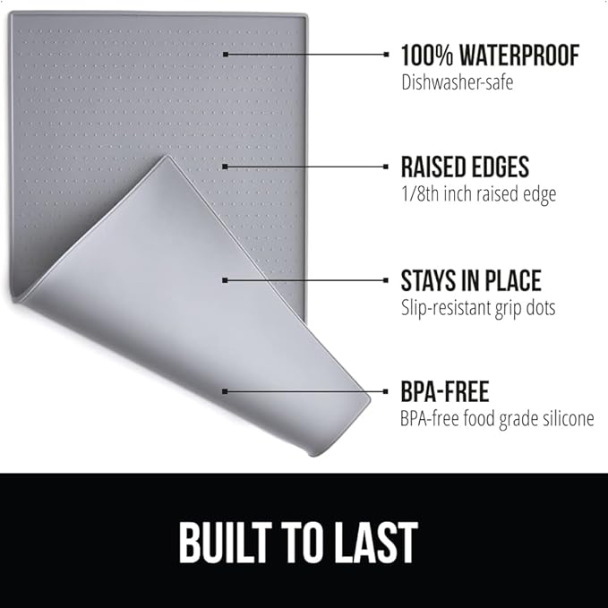 GORILLA GRIP 100% Waterproof Raised Edge BPA Free Silicone Pet Feeding Mat, Dog Cat Food Mats Contain Spills Protects Floors, Placemats for Cats and Dogs Water Bowl, Pets Accessories 32x24 Gray