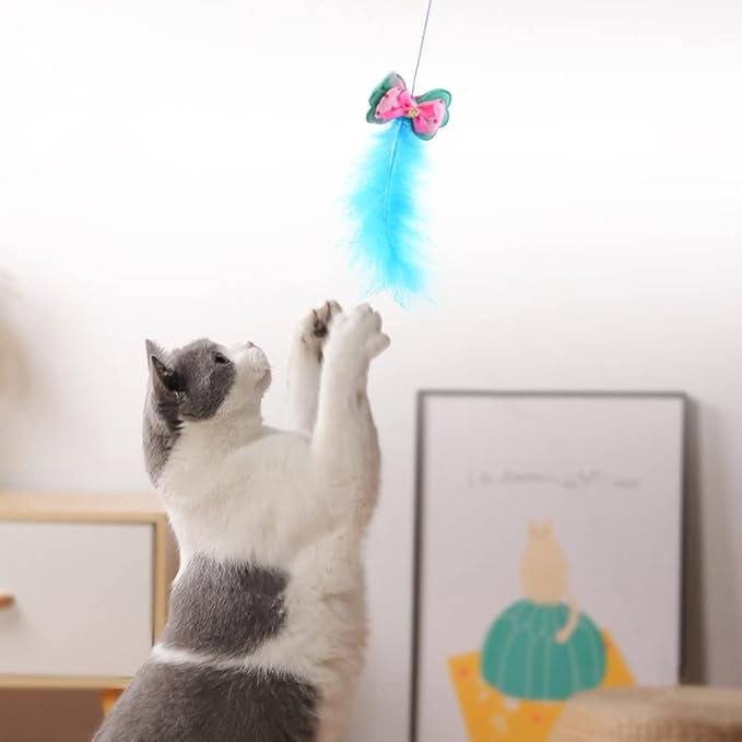 Cat Wand Toy 2 PCS Interactive Cat Feather Wands Cat Teaser Wand with Butterfly and Bell for Cat Kitten
