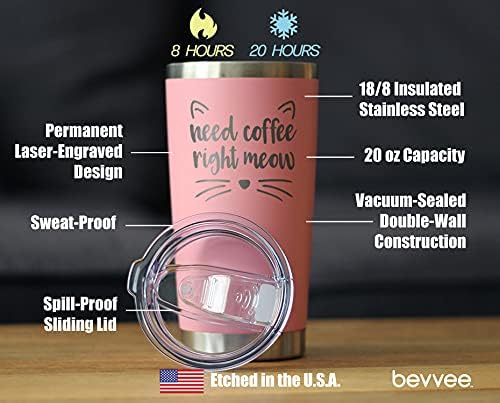 Bevvee Need Coffee Right Meow - Insulated Cat Themed Tumbler - Stainless Steel Mug - Pink