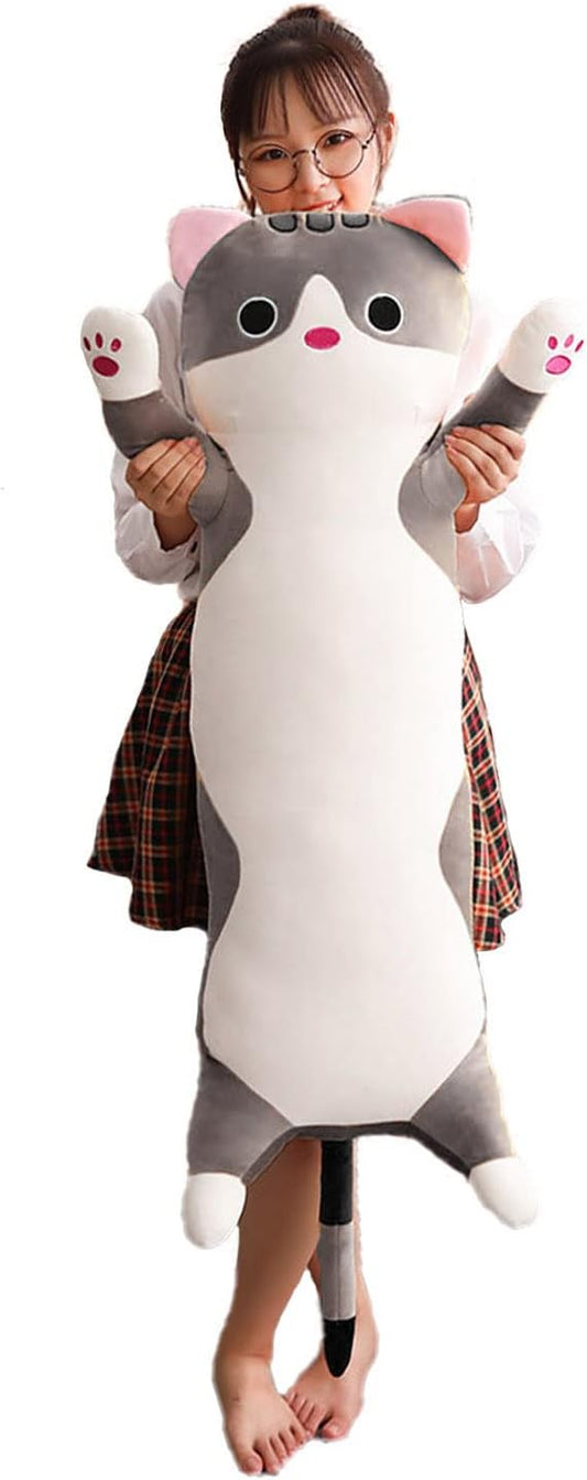 Long Cat Plush Pillow, Soft Cat Stuffed Animals Body Pillow Kitten Plush Hugging Pillow Toy Gifts for Kids (Gray, 35.4 inch)