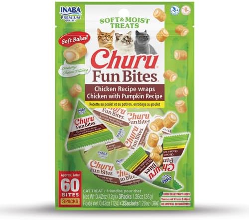 INABA Churu Fun Bites for Cats, Soft & Chewy Baked Chicken Wrapped Filled Cat Treats with Taurine, 0.42 Ounces Each Tetra, 3 Tetras, Chicken Recipe Wraps Chicken with Pumpkin Recipe
