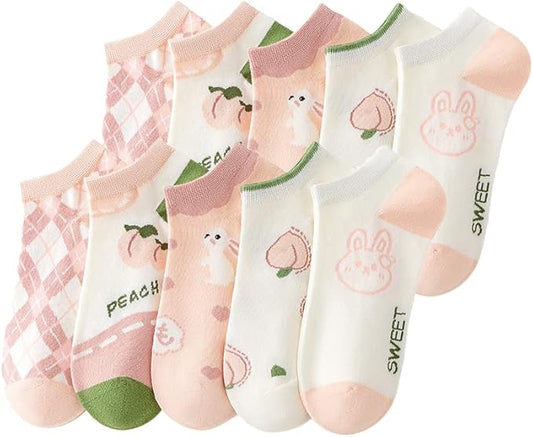 5/10 Pairs Combed Cotton Socks for Women with Cute Animals/Flowers Patterned Ankle Socks