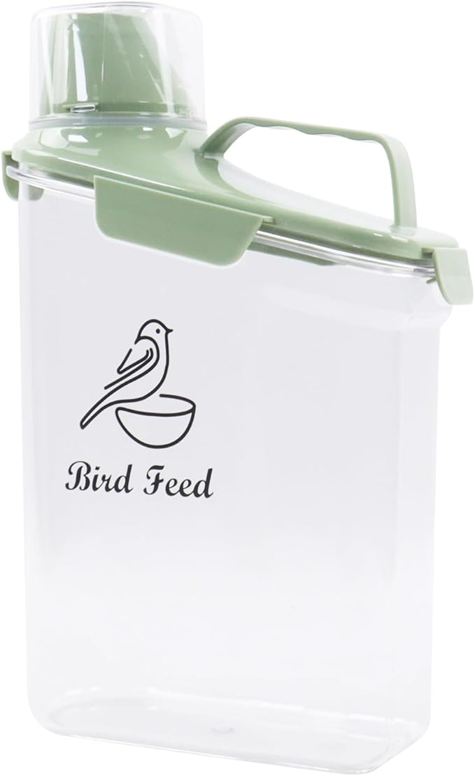 Bird Seed Storage Container,2.8L Airtight Bird Food Container with Handle and Measuring Cup,Portable Pet Food Container for Wild Bird Sunflower Seed-BPA Free Transparent/Green