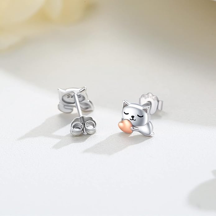 925 Sterling Silver Cat Earrings Cute Animal Kitten Stud Earrings cat Jewelry Gifts for Women Girls Hypoallergenic Earrings for Sensitive Ears